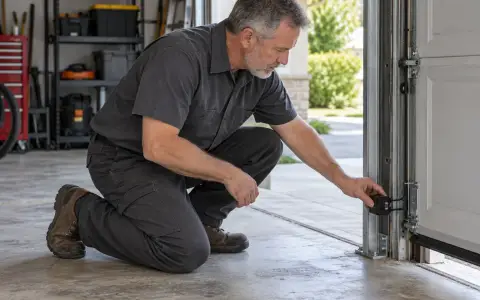 A garage door technician kneeling to check a safety sensor near the bottom of the door track